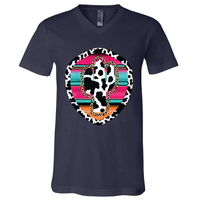 Western Cow Cactus Leopard Cheetha Serape Turquoise Pink V-Neck T-Shirt