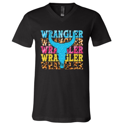 Wrangler Cowhide Cow Skull Cow Print Wrangler V-Neck T-Shirt