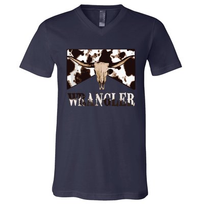 Wrangler Cowhide Cow Skull Cow Print Wrangler V-Neck T-Shirt