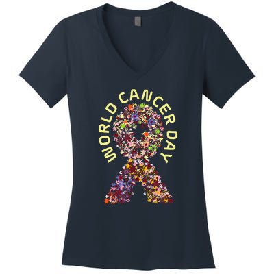 World Cancer Day Awareness Saying Floral Ribbon Women's V-Neck T-Shirt