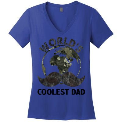 Worlds Coolest Dad Moustache Fathers Day Papa Daddy Cute Gift Women's V-Neck T-Shirt
