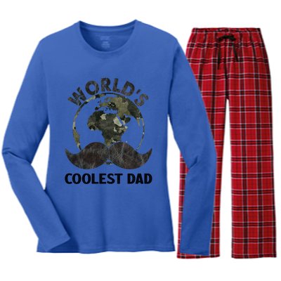 Worlds Coolest Dad Moustache Fathers Day Papa Daddy Gift Women's Long Sleeve Flannel Pajama Set 