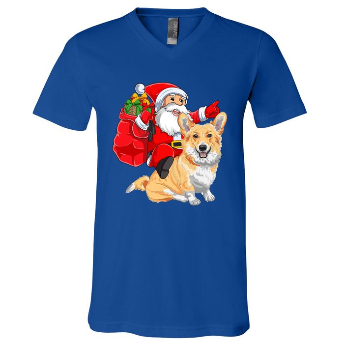 Welsh Corgi Dog Lover Santa Riding Welsh Corgi Christmas Great Gift V-Neck T-Shirt