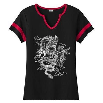 White Chinese Dragon With Black Background Ladies Halftime Notch Neck Tee