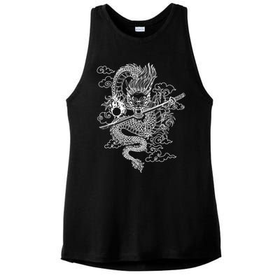 White Chinese Dragon With Black Background Ladies PosiCharge Tri-Blend Wicking Tank