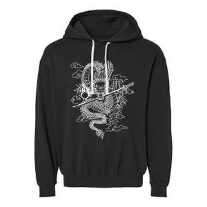 White Chinese Dragon With Black Background Garment-Dyed Fleece Hoodie