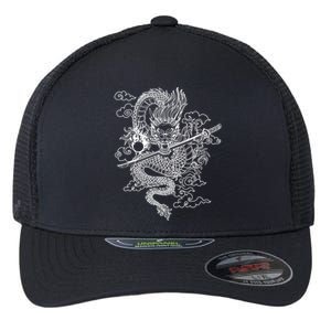 White Chinese Dragon With Black Background Flexfit Unipanel Trucker Cap