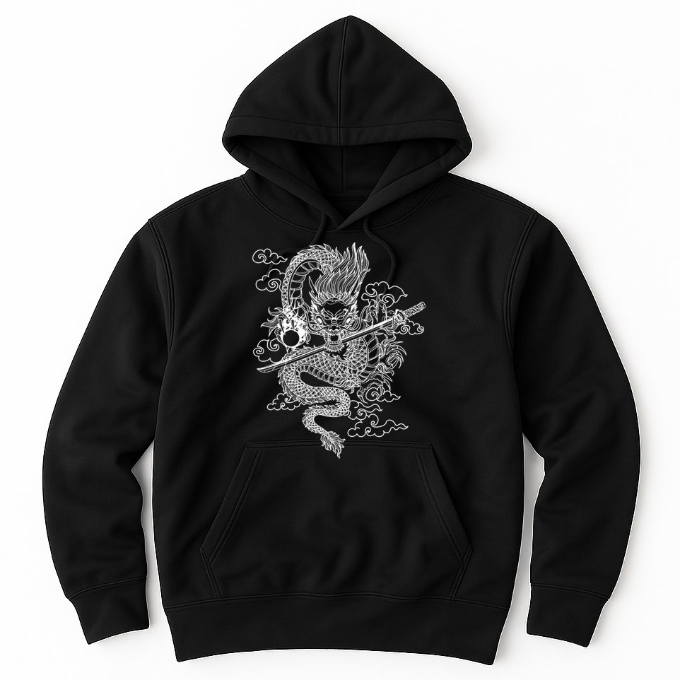 White Chinese Dragon With Black Background Hoodie