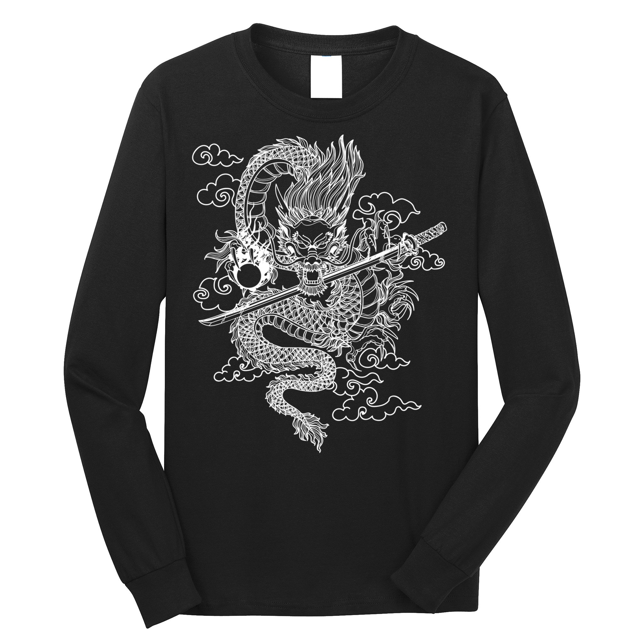 White Chinese Dragon With Black Background Long Sleeve Shirt