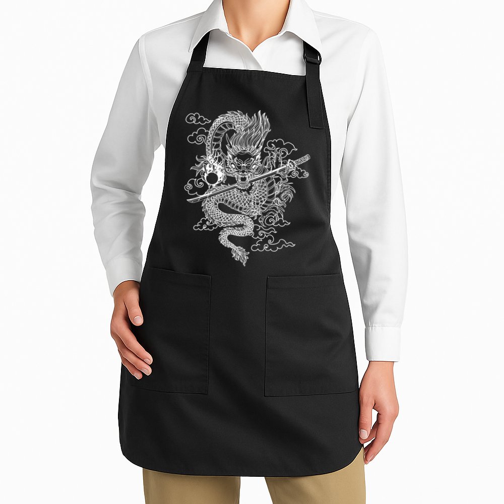 White Chinese Dragon With Black Background Apron