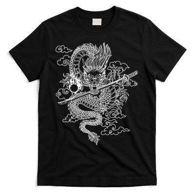 White Chinese Dragon With Black Background T-Shirt