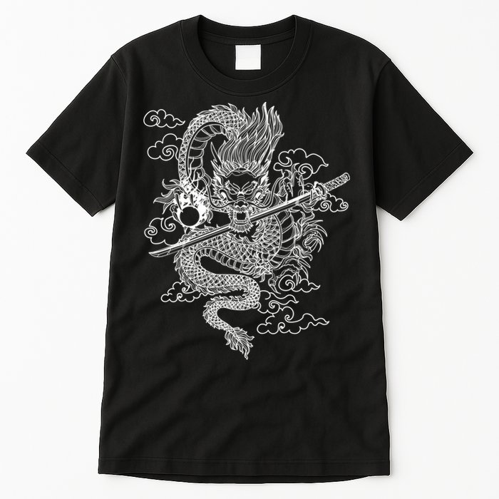 White Chinese Dragon With Black Background Tall T-Shirt