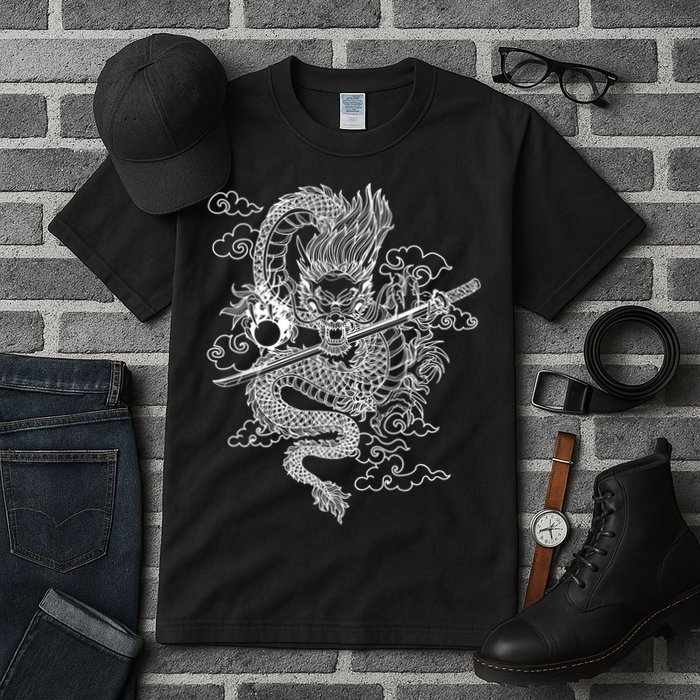 White Chinese Dragon With Black Background Tall T-Shirt