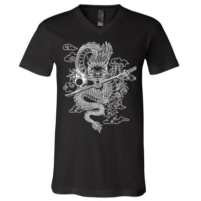White Chinese Dragon With Black Background V-Neck T-Shirt