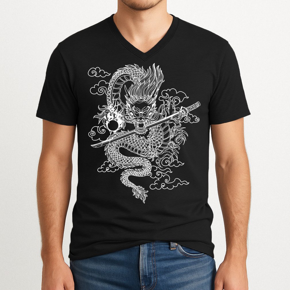 White Chinese Dragon With Black Background V-Neck T-Shirt