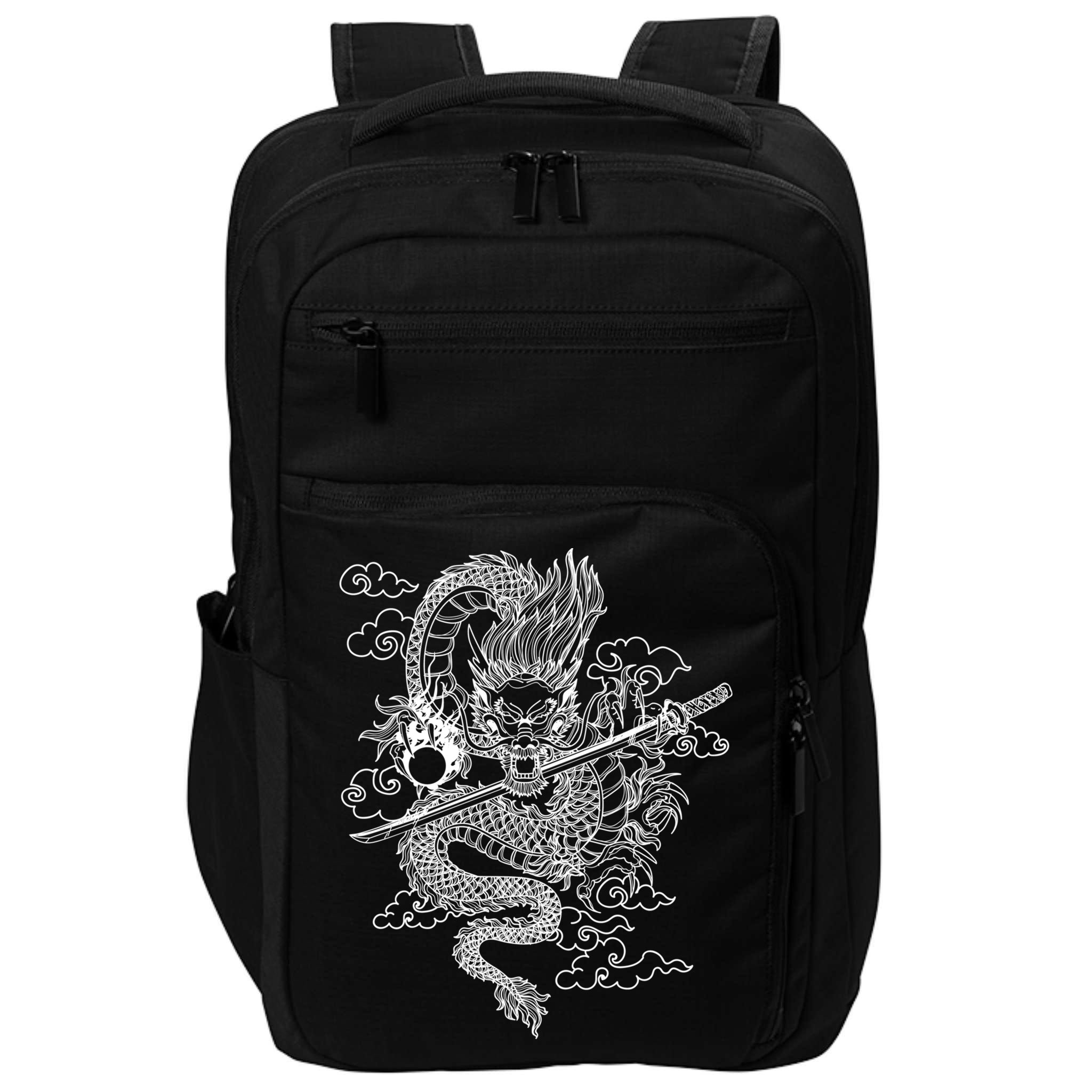 White Chinese Dragon With Black Background Impact Tech Backpack