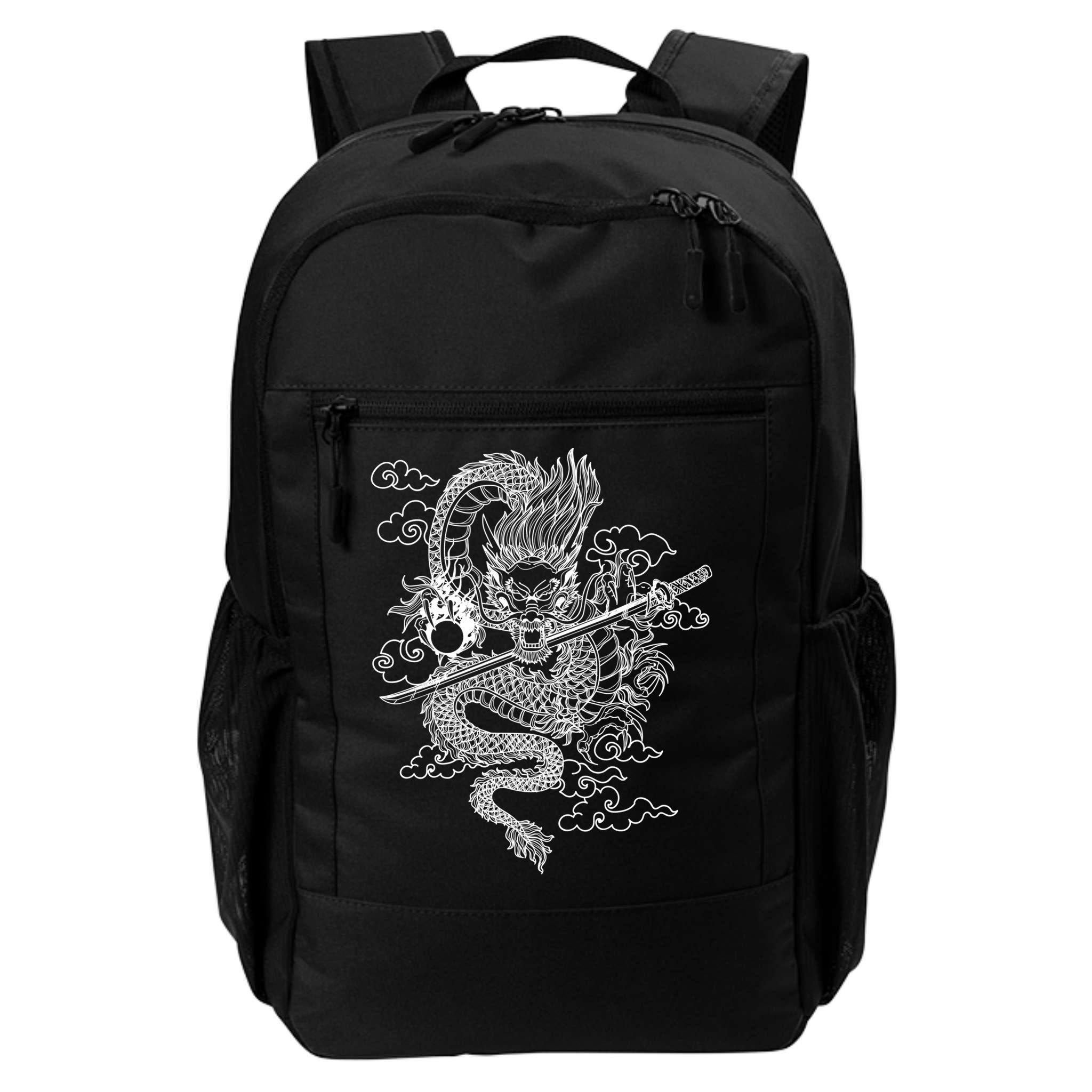 White Chinese Dragon With Black Background Backpack