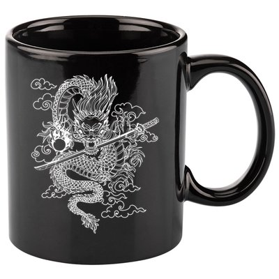 White Chinese Dragon With Black Background 11oz C Handle Ceramic Mug