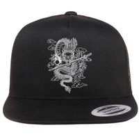 White Chinese Dragon With Black Background Flat Bill Trucker Hat
