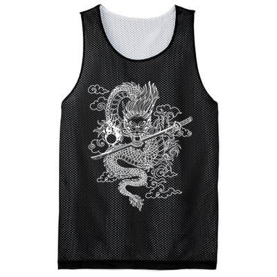 White Chinese Dragon With Black Background Mesh Reversible Basketball Jersey Tank