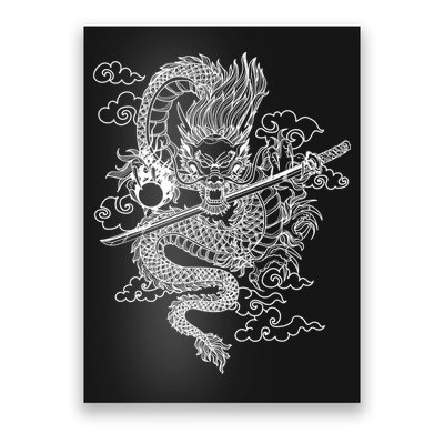 White Chinese Dragon With Black Background Poster