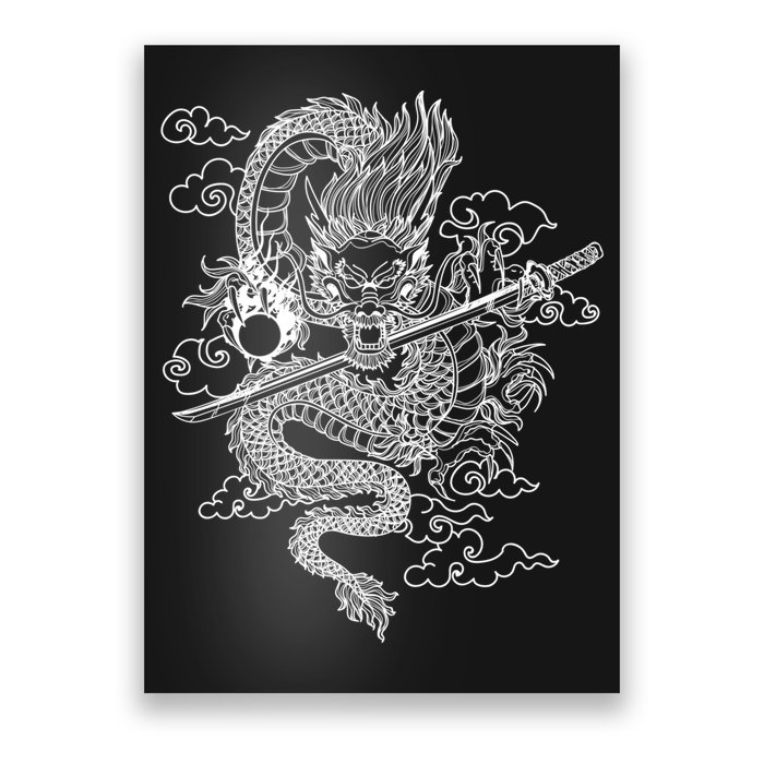 White Chinese Dragon With Black Background Poster