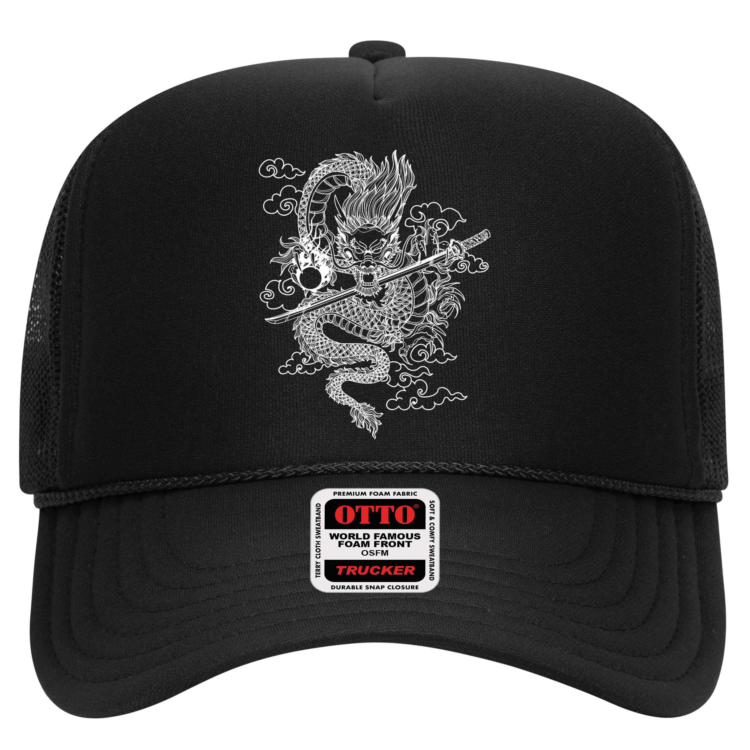 White Chinese Dragon With Black Background Hat