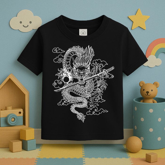 White Chinese Dragon With Black Background Toddler T-Shirt