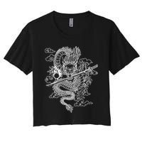 White Chinese Dragon With Black Background Women's Crop Top Tee