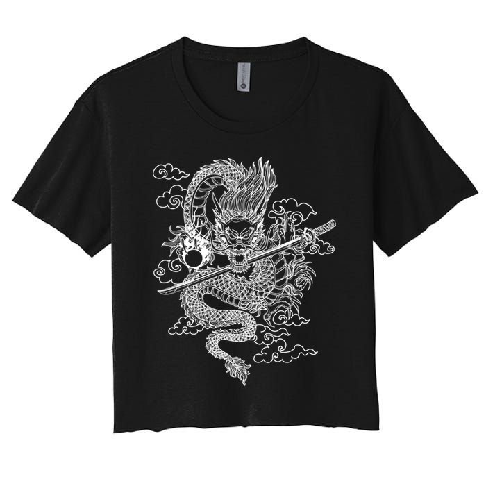 White Chinese Dragon With Black Background Women's Crop Top Tee