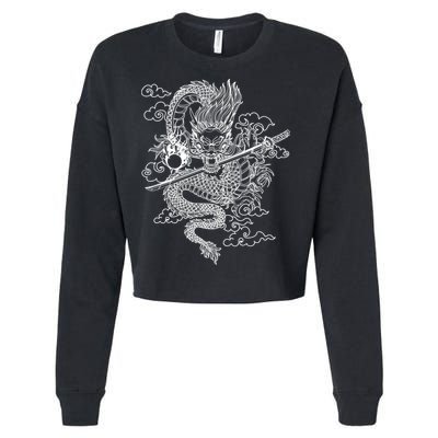White Chinese Dragon With Black Background Cropped Pullover Crew