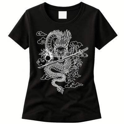 White Chinese Dragon With Black Background Womens T-Shirt