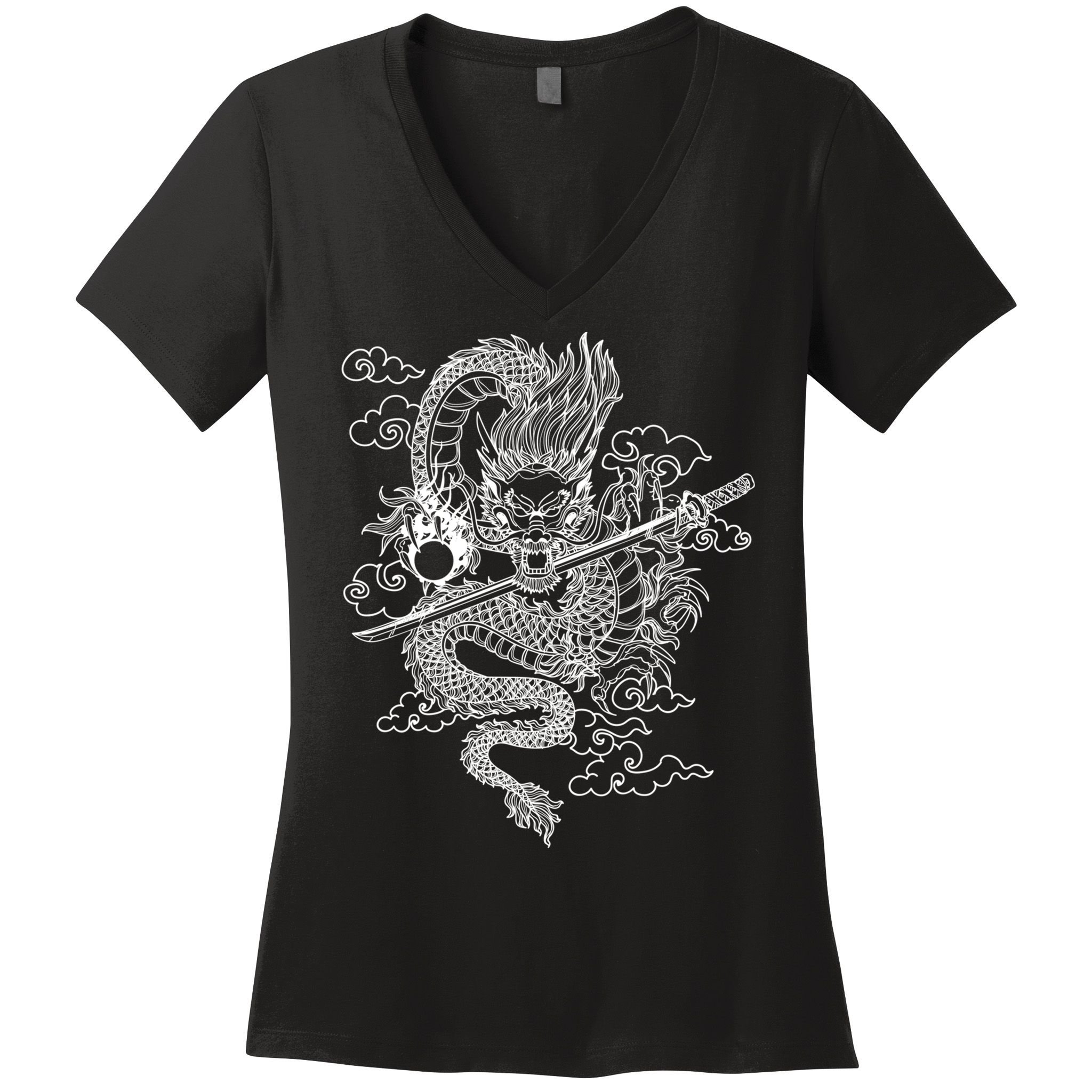White Chinese Dragon With Black Background Women's V-Neck T-Shirt
