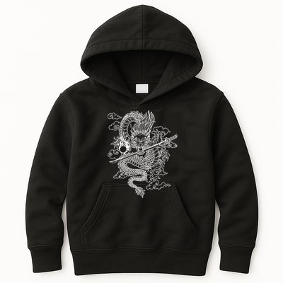 White Chinese Dragon With Black Background Kids Hoodie