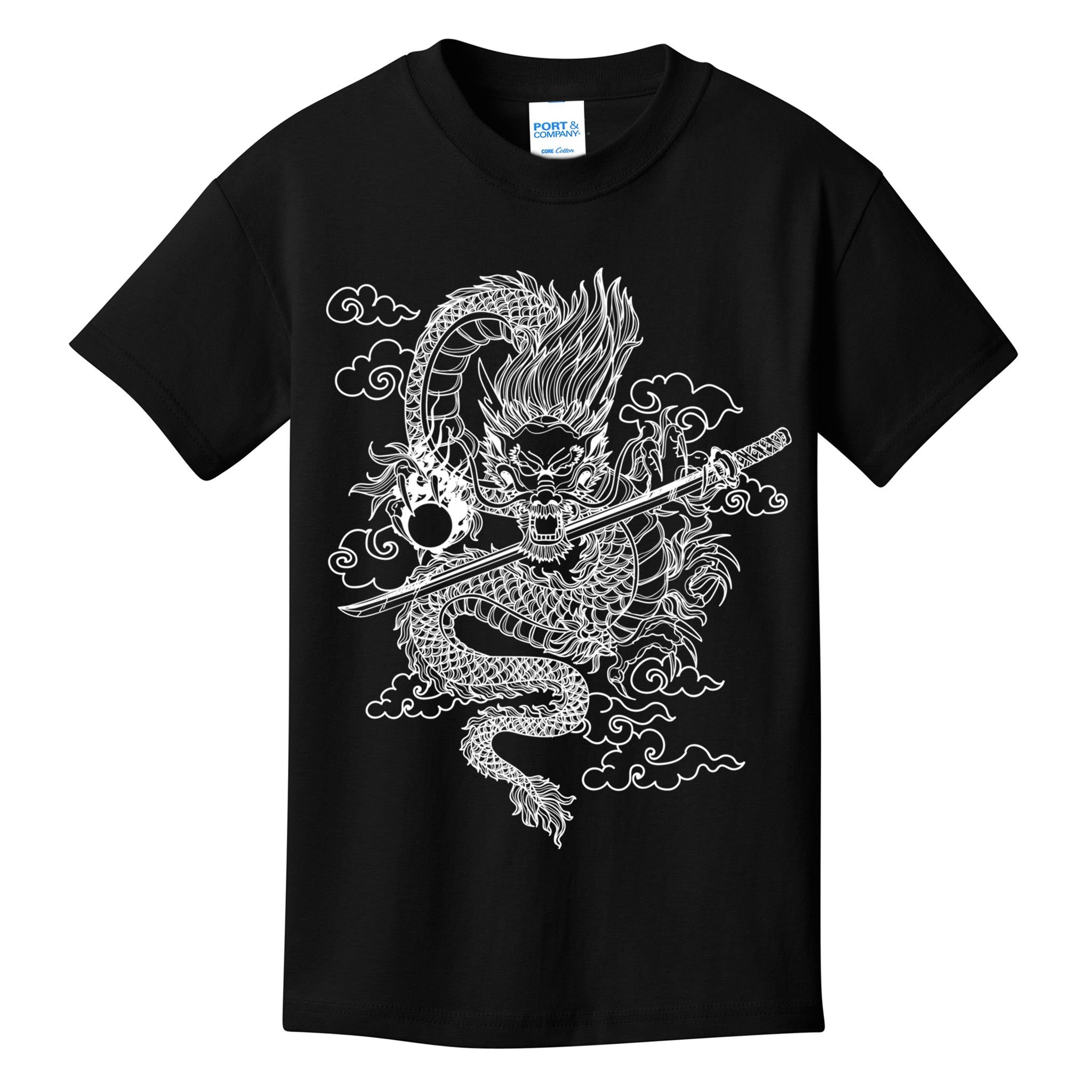 White Chinese Dragon With Black Background Kids T-Shirt