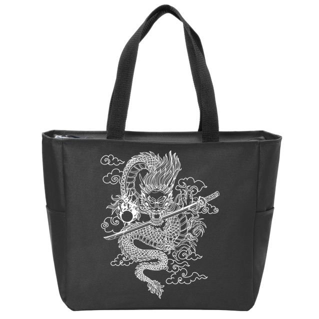 White Chinese Dragon With Black Background Zip Tote Bag