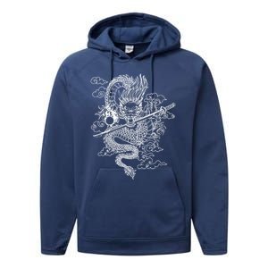 White Chinese Dragon With Black Background Performance Fleece Hoodie