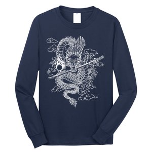 White Chinese Dragon With Black Background Long Sleeve Shirt