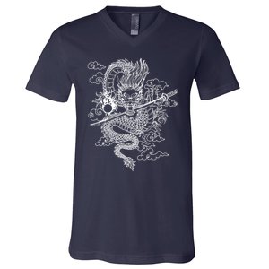 White Chinese Dragon With Black Background V-Neck T-Shirt