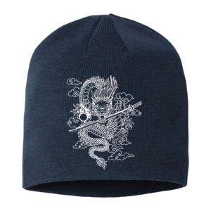 White Chinese Dragon With Black Background Sustainable Beanie