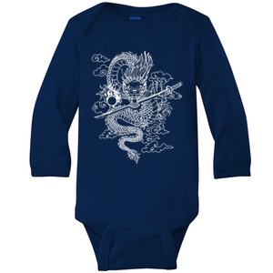 White Chinese Dragon With Black Background Baby Long Sleeve Bodysuit