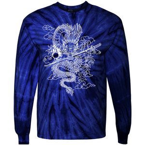 White Chinese Dragon With Black Background Tie-Dye Long Sleeve Shirt