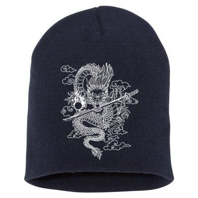 White Chinese Dragon With Black Background Short Acrylic Beanie