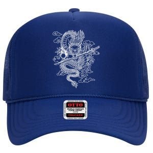 White Chinese Dragon With Black Background High Crown Mesh Back Trucker Hat