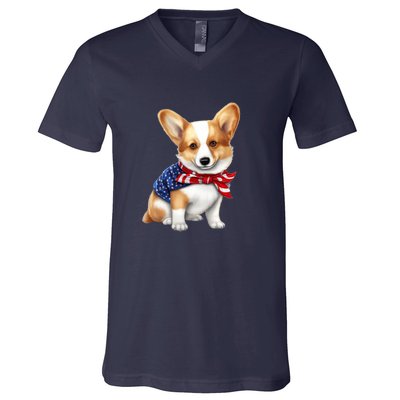 Welsh Corgi Dog Cute Welsh Corgi Puppy USA Flag Corgis V-Neck T-Shirt