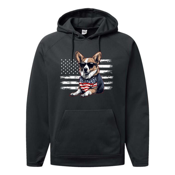 Welsh Corgi Dog Dad Dog Mom USA Flag 4th Of July Performance Fleece Hoodie