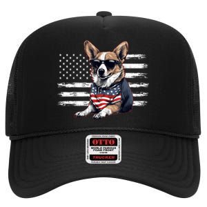 Welsh Corgi Dog Dad Dog Mom USA Flag 4th Of July High Crown Mesh Back Trucker Hat