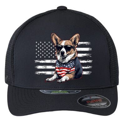 Welsh Corgi Dog Dad Dog Mom USA Flag 4th Of July Flexfit Unipanel Trucker Cap