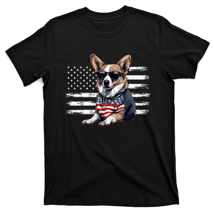 Welsh Corgi Dog Dad Dog Mom USA Flag 4th Of July T-Shirt