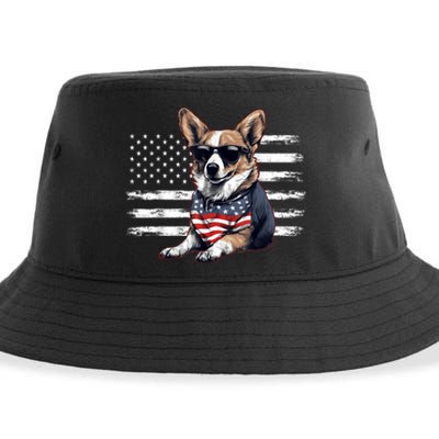 Welsh Corgi Dog Dad Dog Mom USA Flag 4th Of July Sustainable Bucket Hat